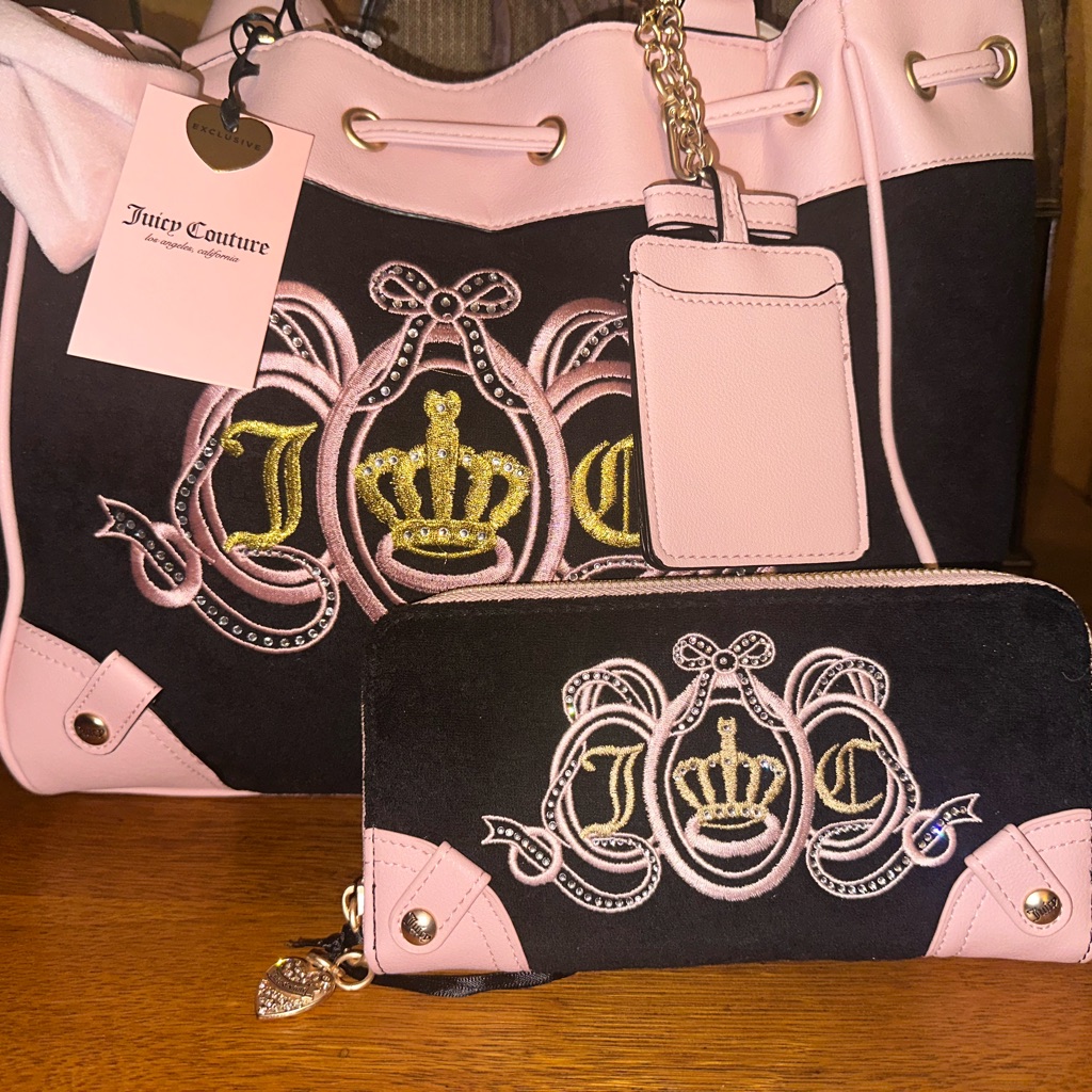 Juicy Couture Pink And Black Tote Bag With Gold Accents & Wallet